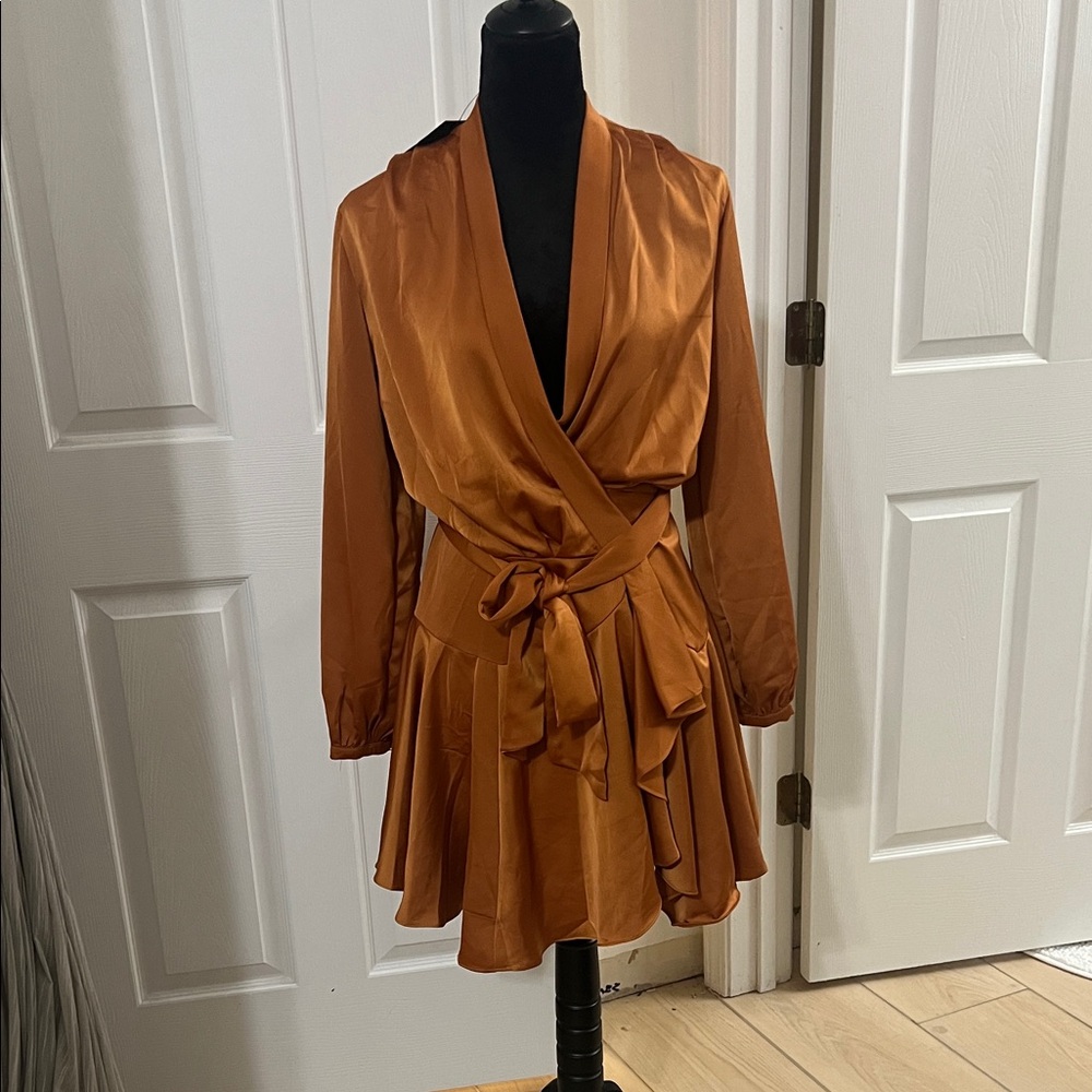 JLUXLABEL Satin Wrap Dress in Warm Tan
